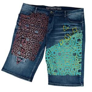 Rutherford Engineered Slim Fit Denim Jorts Men 41 Blue Distressed Tribal Pattern